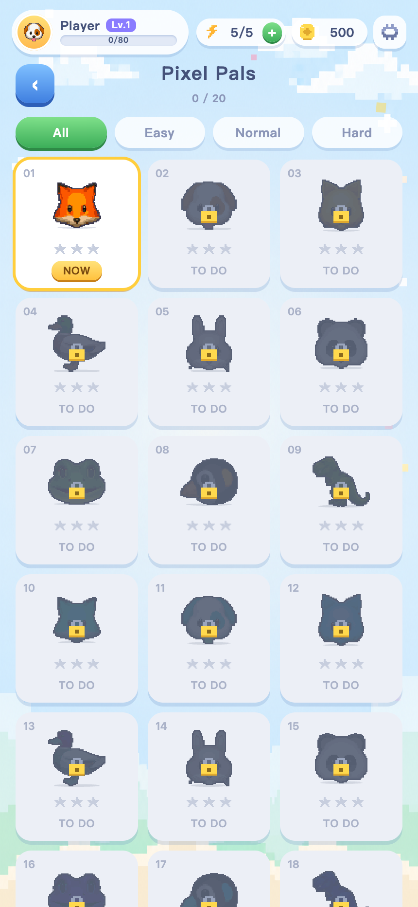 Level list showing picture thumbnails and star ratings