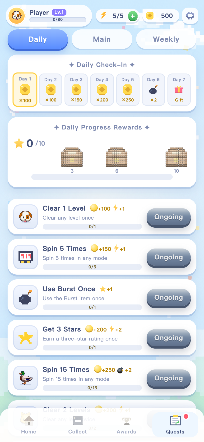 Quests screen with daily tasks and a seven day check-in